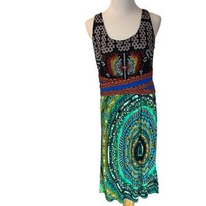 Desigual Green Print Colorful Dress. Size M